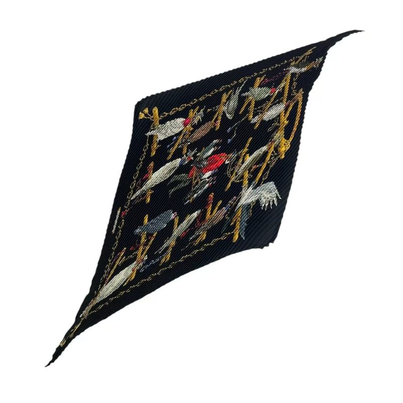 Hermes Pleated Scarf Birds Of The King Silk Black With Box