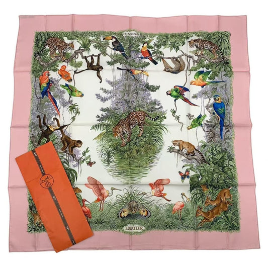 Hermes Scarf Carre 90 Equateur Equatorial Animal Bird Allover Silk Pink Bag