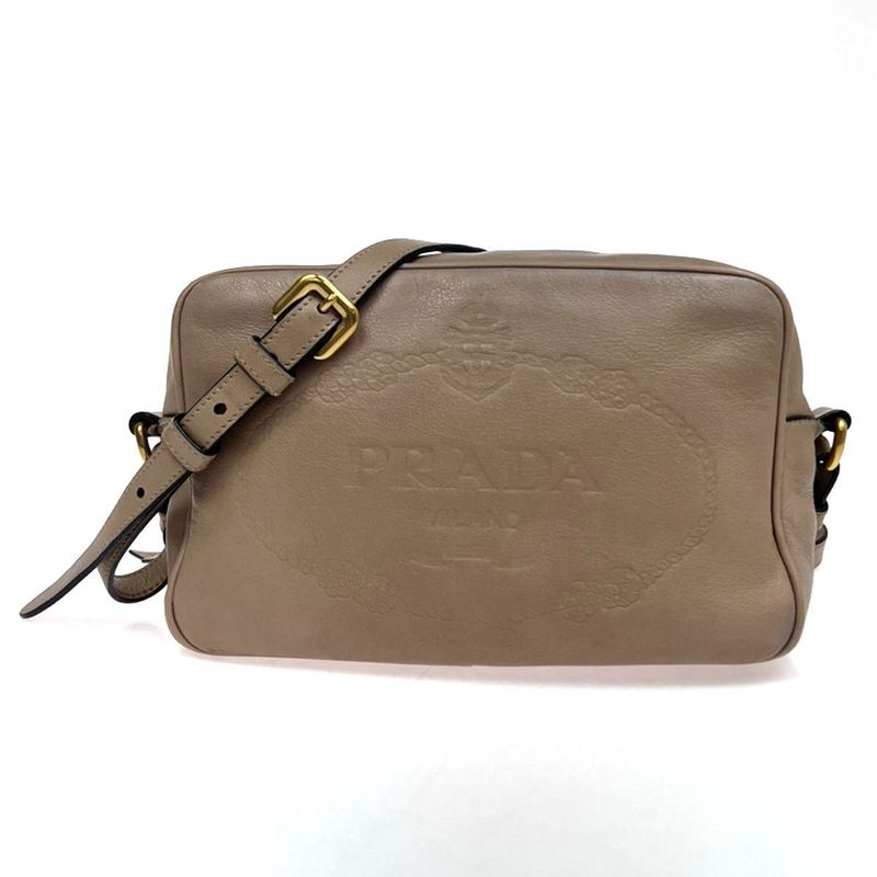 Prada Shoulder Bag Logo Shape Stamped Beige Leather 25ka868
