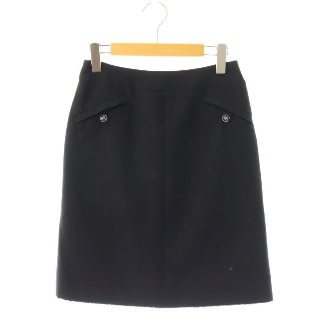 Chanel Logo Button Skirt Knee Length Trapezoid Wool 34 Black