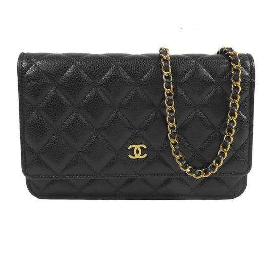 Chanel Chain Wallet Black Gold Caviar Leather Quilted CC Logo Pochette