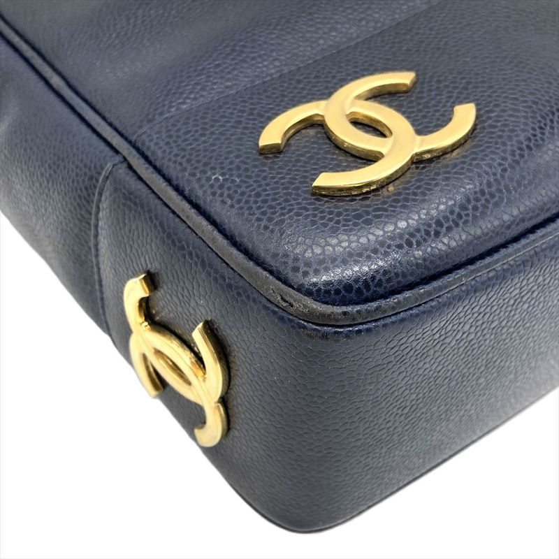 Chanel Triple Coco Mark Tote Bag Caviar Skin Navy Chain Shoulder Women