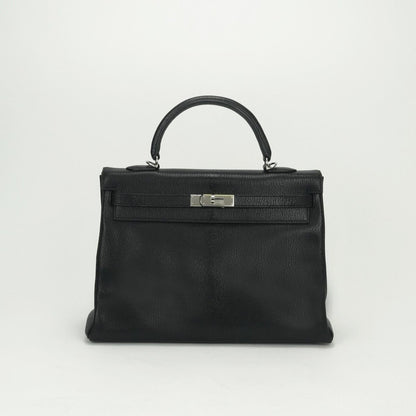 Hermes Kelly 35 Tote Shoulder Bag Chevre Coromandel Noir Black