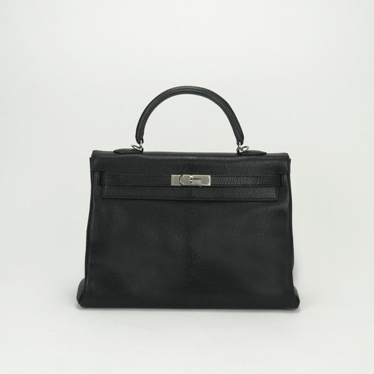 Hermes Kelly 35 Tote Shoulder Bag Chevre Coromandel Noir Black