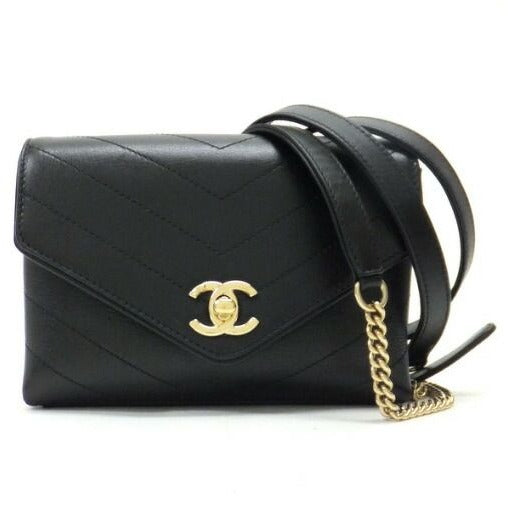 Chanel Chain Belt Pouch Shoulder Bag Calf Leather Black Gold 8 X
