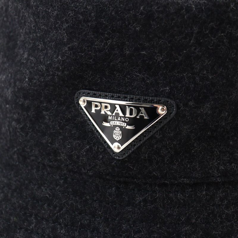 Prada 2hc137 100% Wool Triangle Plate Triangle Logo Bucket Hat Dark Gray M Made