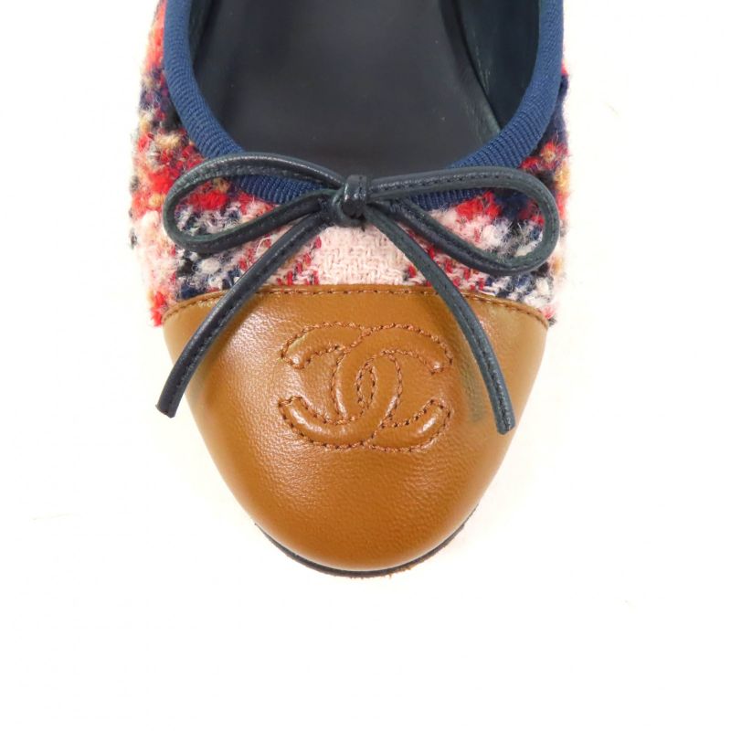 CHANEL Ballerina With Coco Mark Ribbon Leather Use Tweed Flat Pumps Multi 35.5