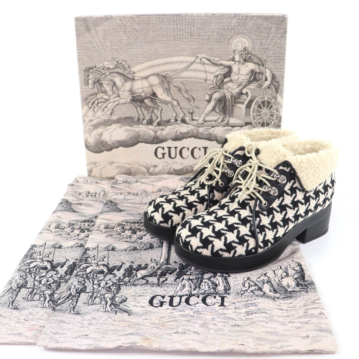 Gucci Houndstooth Leather Shearling Short Boots Black White 37 — view 2