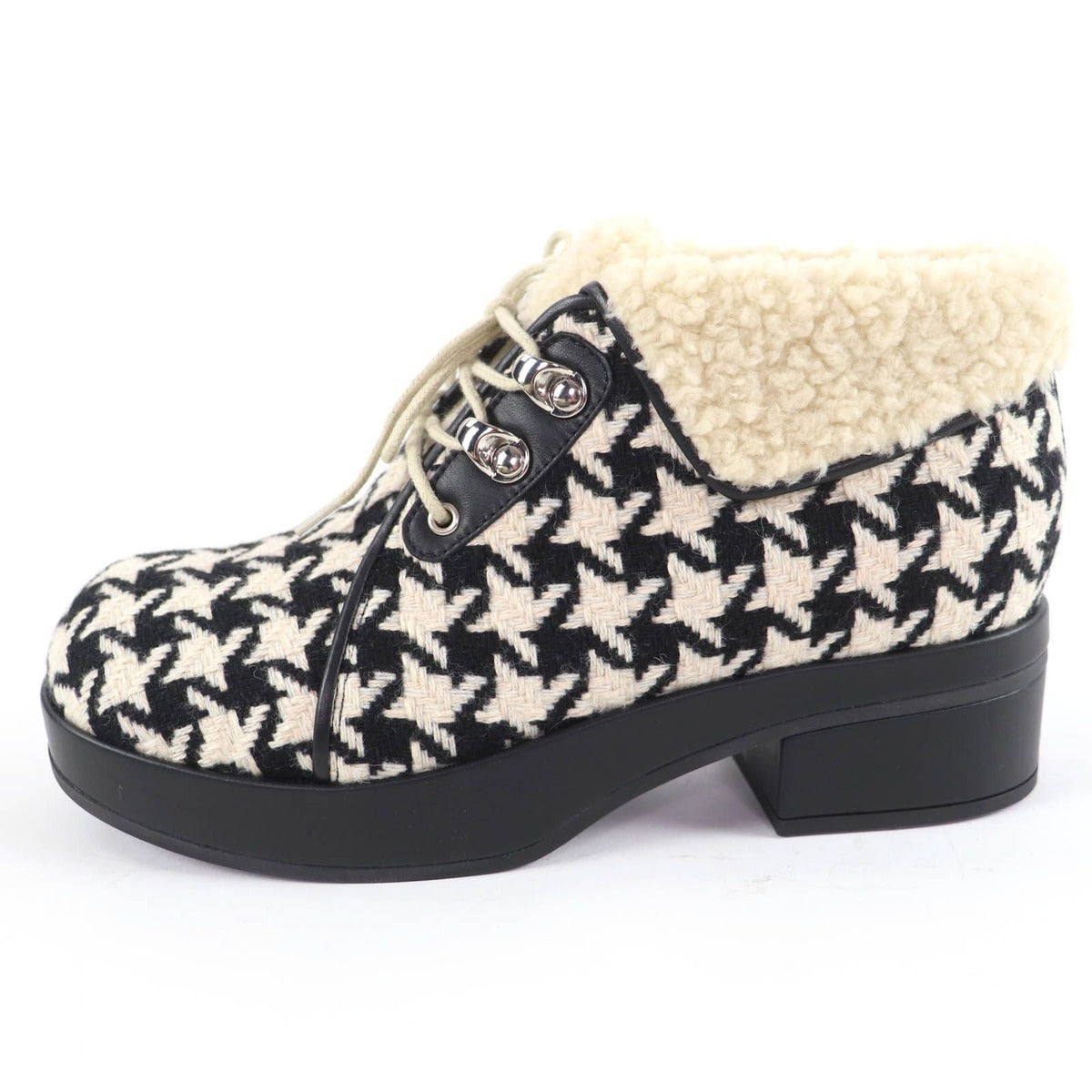 Gucci Houndstooth Leather Shearling Short Boots Black White 37 — view 5