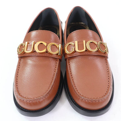 Gucci 700036 Logo Metal Leather Loafer Brown Gold Hardware 35 With Box And