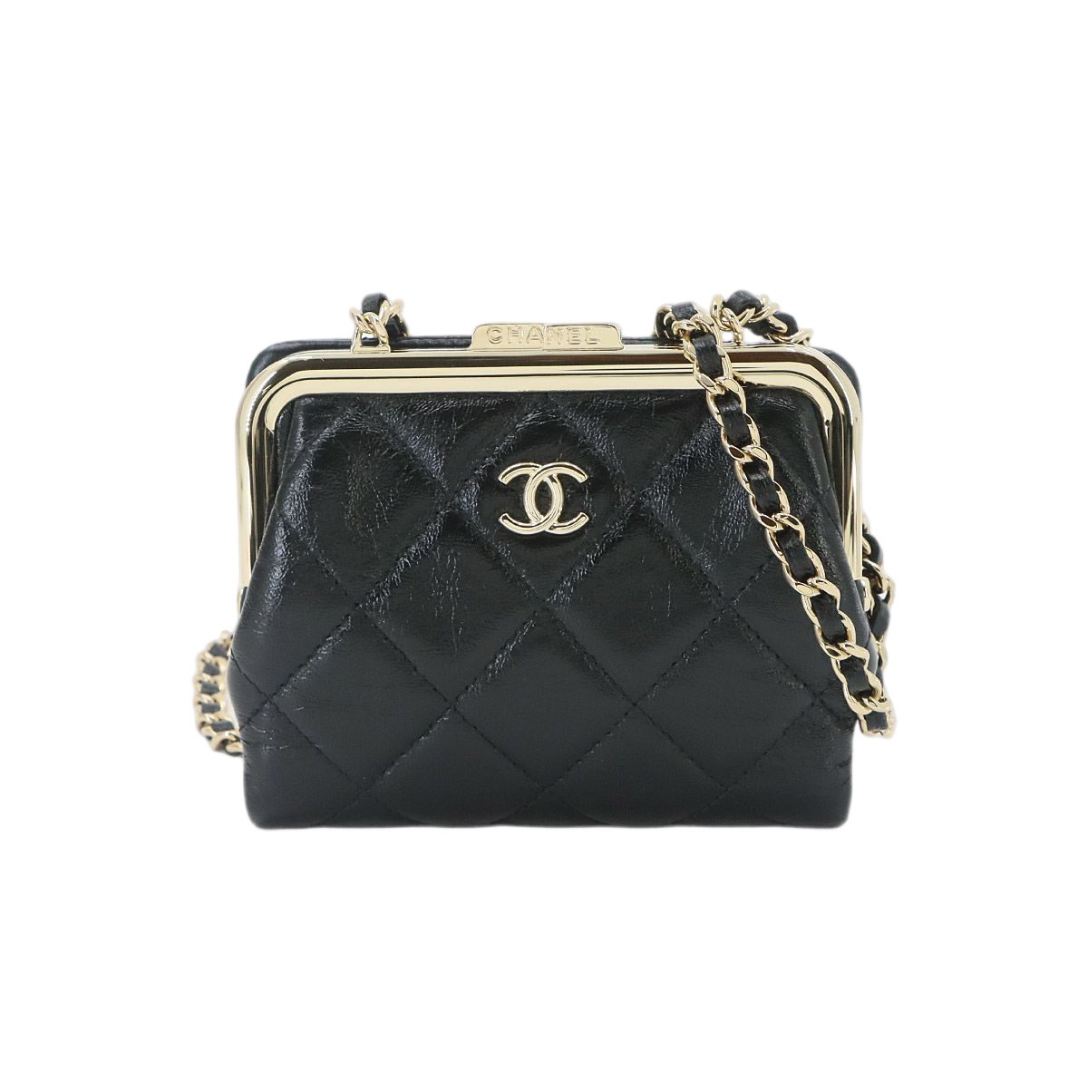 Chanel Quilted Kiss Lock Chain Wallet Leather Black Gold Shoulder