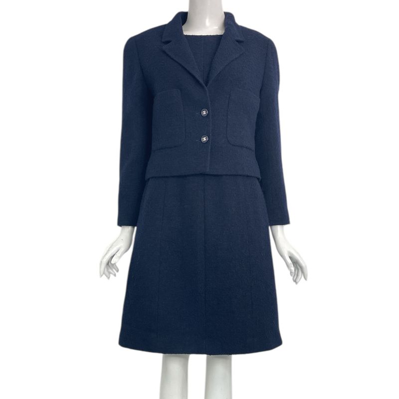 Chanel 96P Coco Button Setup Jacket Dress Wool Navy Size 40