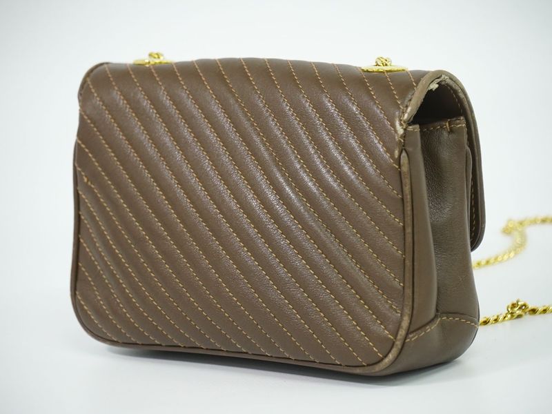 Authentic Celine Quilted Chain Shoulder Bag Pochette Leather Brown Bag Pre-owned