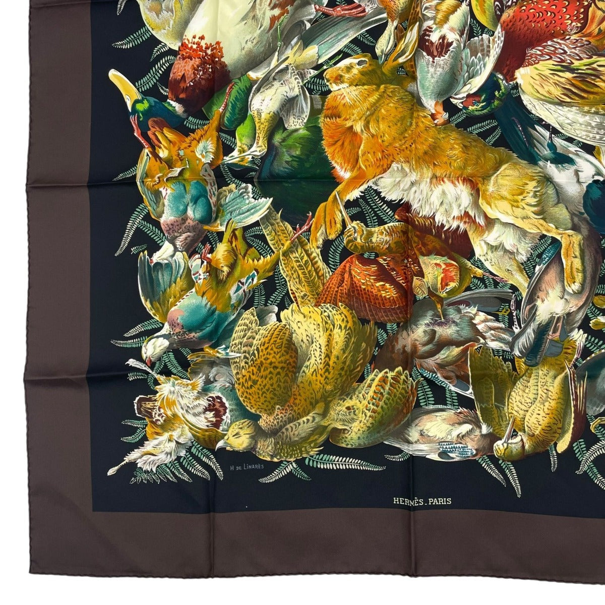 Hermes Scarf Carre 90 Gibiers Henri de Linares Hunting Birds and Beasts Brown — view 4