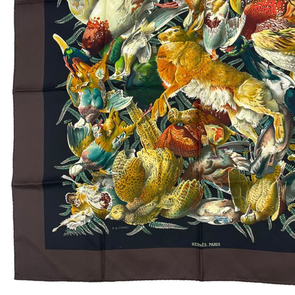 Hermes Scarf Carre 90 Gibiers Henri de Linares Hunting Birds and Beasts Brown — view 4