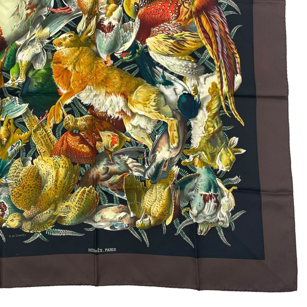 Hermes Scarf Carre 90 Gibiers Henri de Linares Hunting Birds and Beasts Brown — view 5