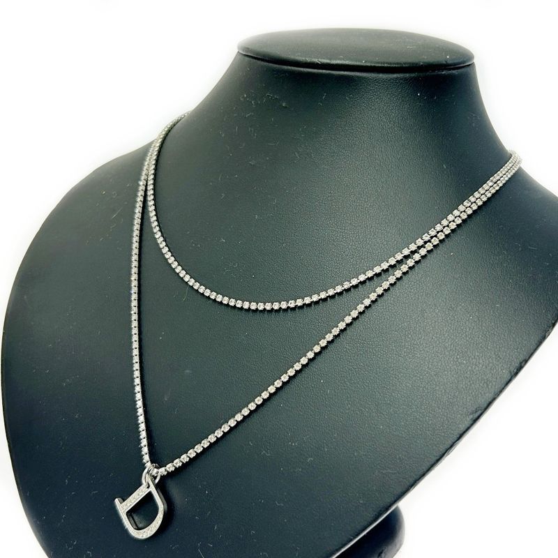 Christian Dior Metal Rhinestone D Logo Necklace Women's Silver 348024 Necklace