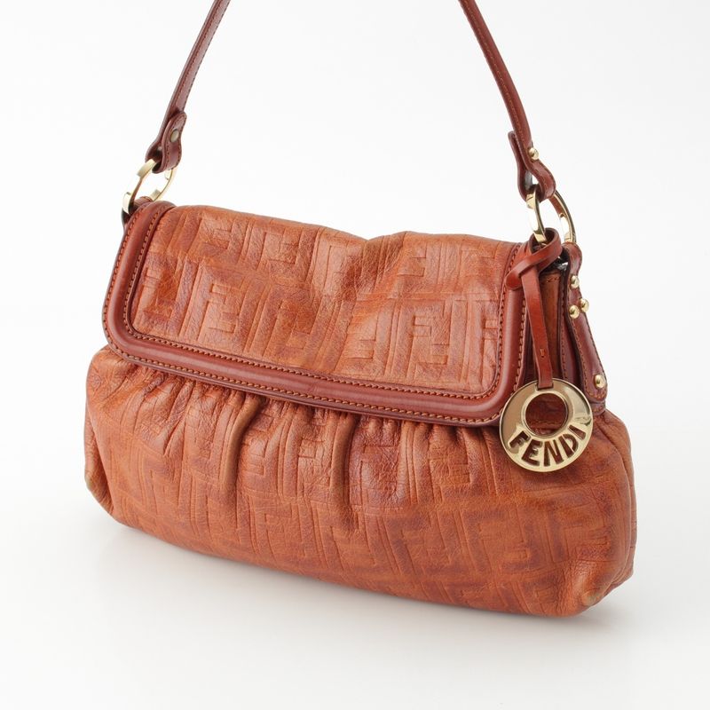 Fendi Leather Zucca Pattern Flap One Shoulder Bag With Charm Brown