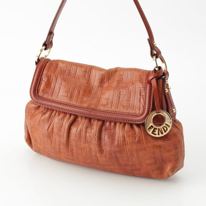 Fendi Leather Zucca Pattern Flap One Shoulder Bag With Charm Brown