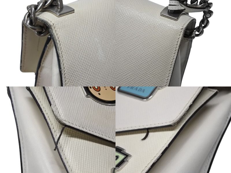 Prada Robot Monochrome Chain Shoulder Bag Saffiano Leather Ivory Silver — view 6