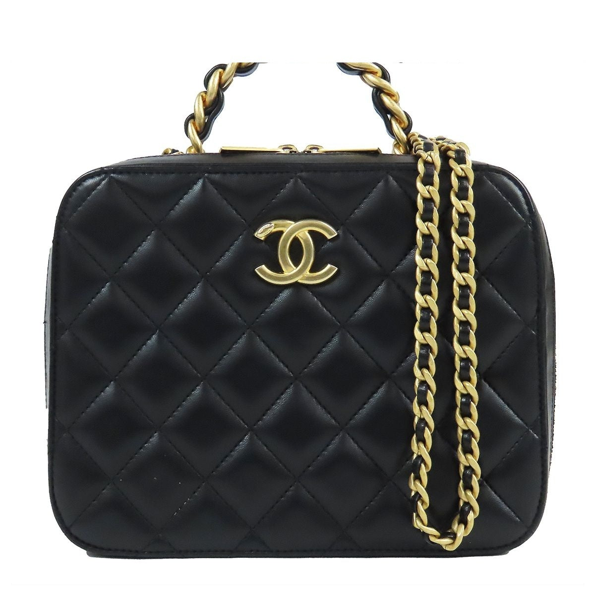 Chanel Vanity Black Gold Leather Quilted Stitch 2-Way Top Shoulder Bag