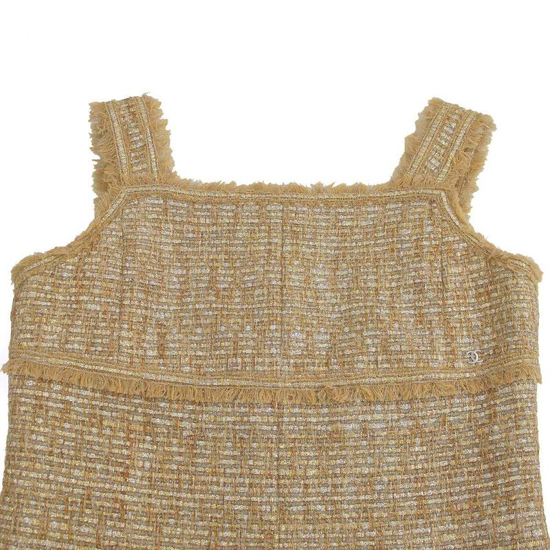 Chanel Sleeveless Fringe Tweed Dress P26066v16158 Camel Brown 40