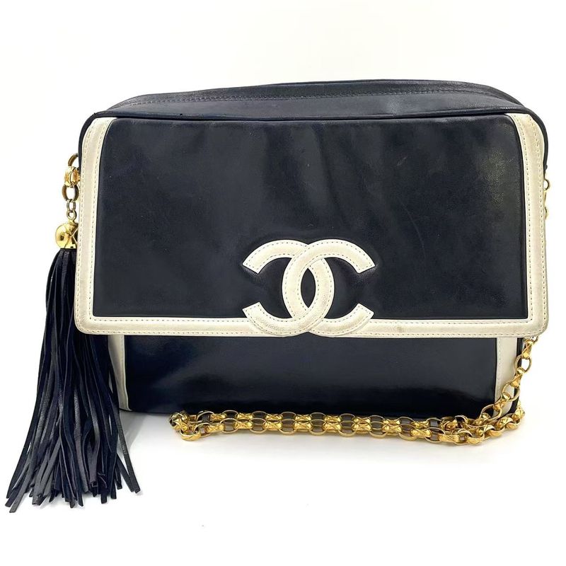 Chanel Coco Mark Serial No 2 Leather Black And White Chain Shoulder Bag Gold