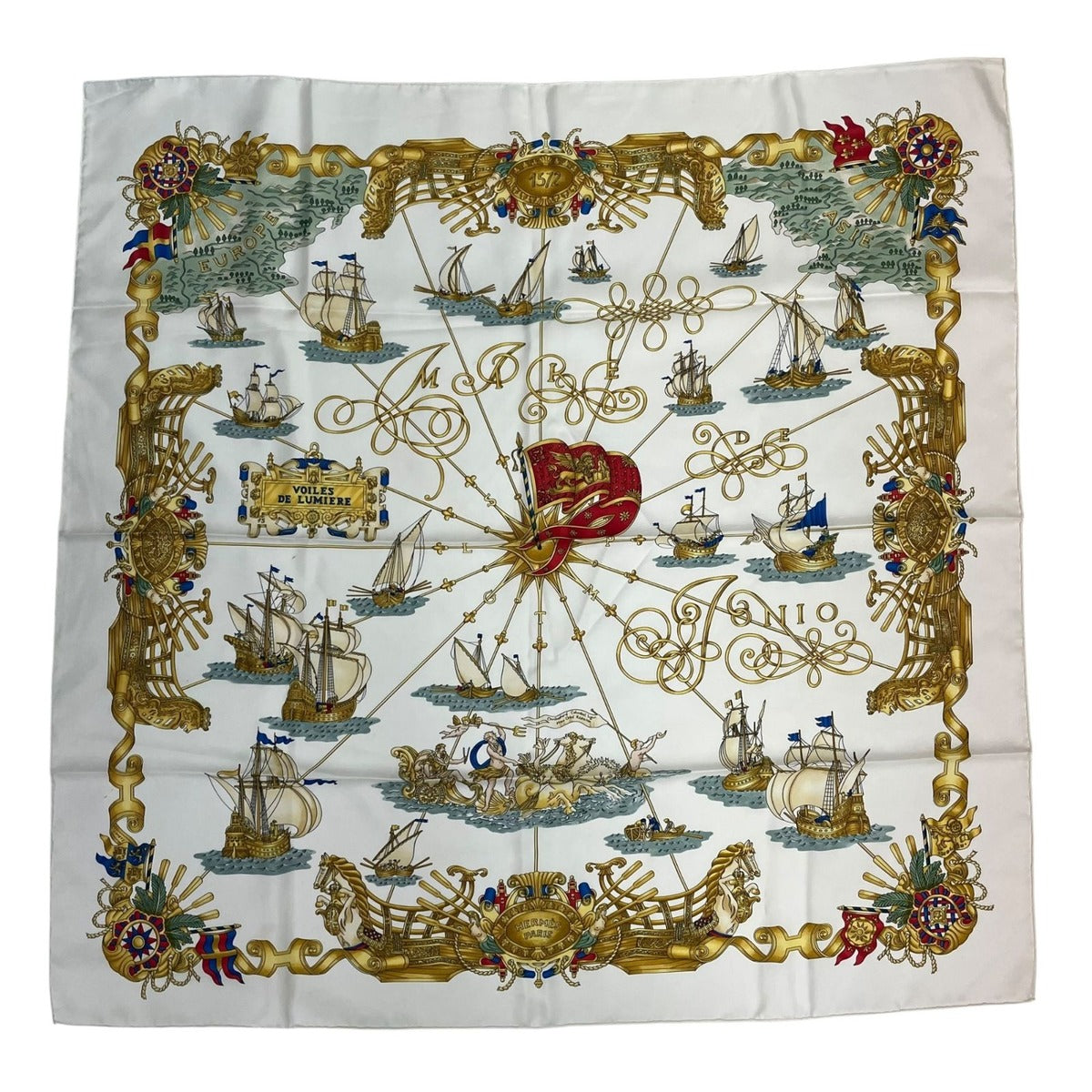 Hermes Carre 90 Silk Scarf Voiles de Lumiere Sailing Ship of Light White