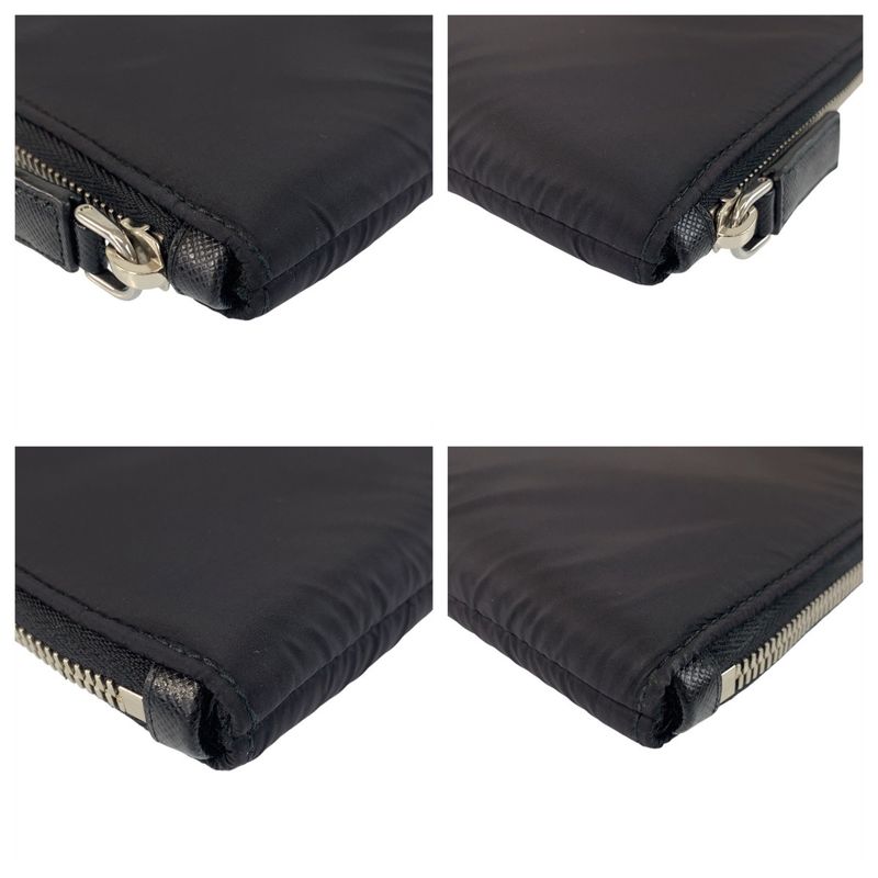 Prada Tessuto Triangle Logo Plate Black Silver Hardware Nylon Clutch Bag Second