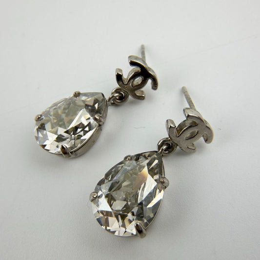 Chanel CC Logo Rhinestone Earrings Silver Vintage
