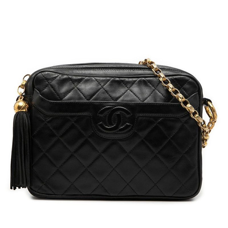 Chanel Quilted CC Logo Tassel Chain Shoulder Bag Black Lambskin
