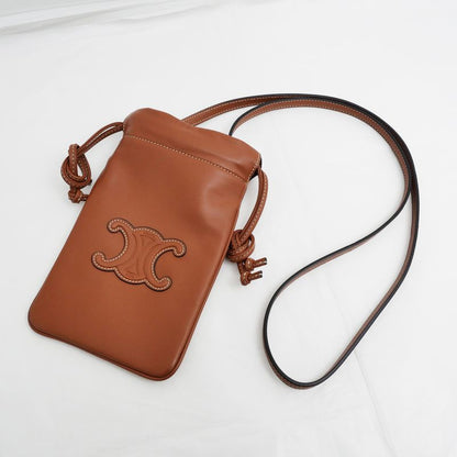 Celine Drawstring Mobile Pouch Shoulder Bag Cuill Triomphe Tan Brown