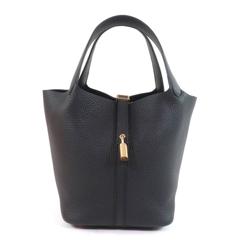 Hermes Picotin Lock MM Black Taurillon Clemence Gold Hardware Handbag Engraved