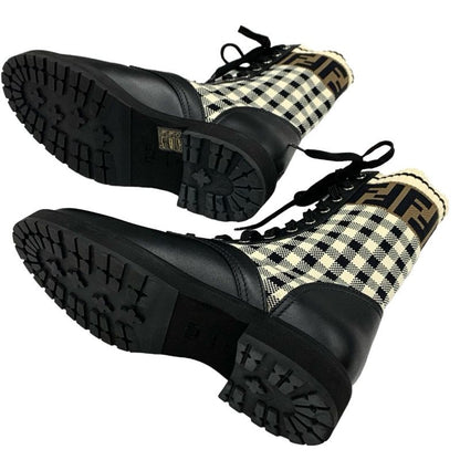 Fendi Rococo Boots Short Boots Shoes Zucca Check Lace Up Leather Fabric Black