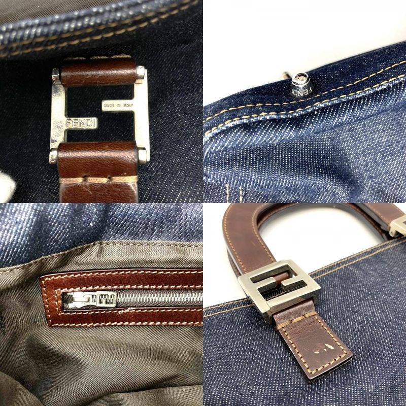 Fendi Handbag Tote Bag Denim Leather Navy Women Men Fashion