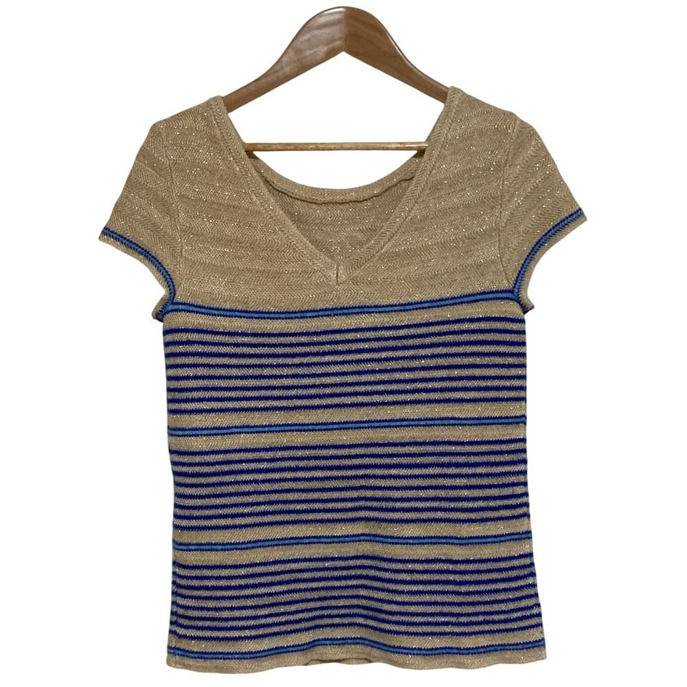 Chanel Coco Mark Border Lame Summer Knit 34 Beige Blue