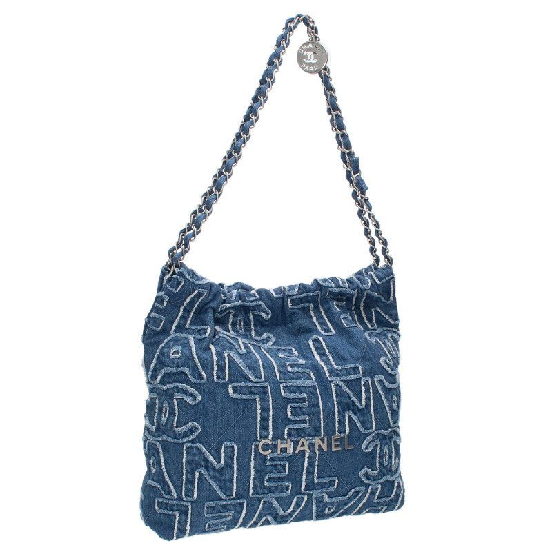 Chanel 22 As3261 Chain Denim Shoulder Bag With Medal Charm Men's