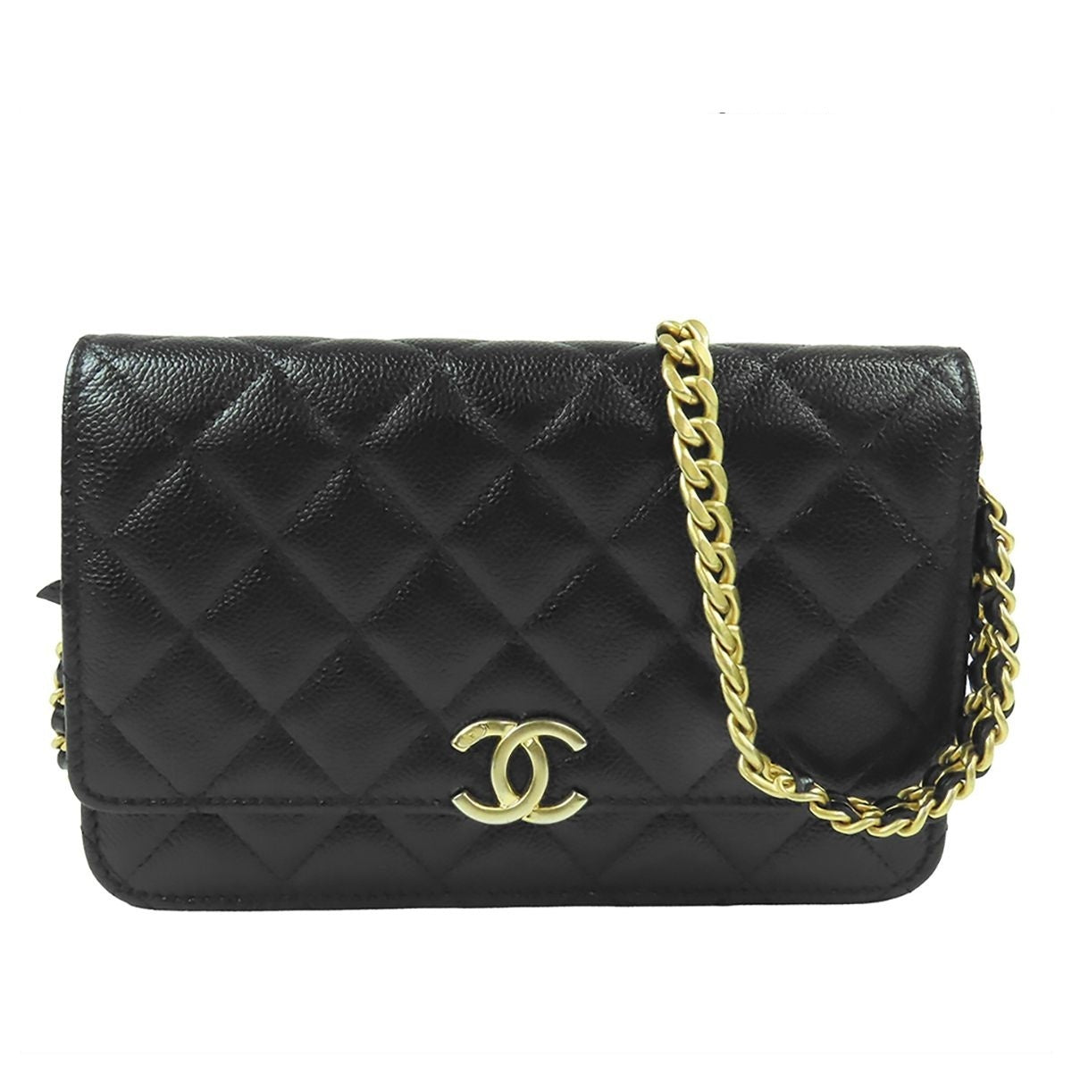 Chanel Chain Wallet Black Gold Caviar Leather Quilted CC Logo Pochette