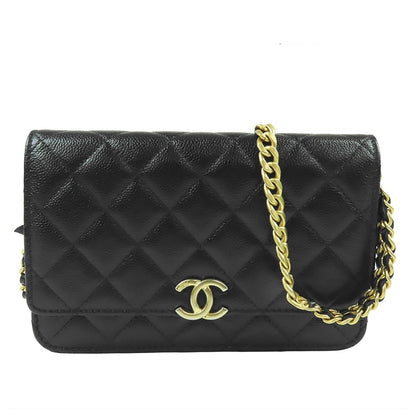 Chanel Chain Wallet Black Gold Caviar Leather Quilted CC Logo Pochette