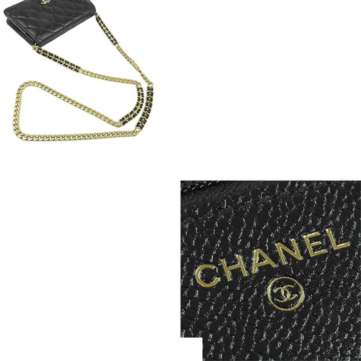 Chanel Chain Wallet Black Gold Caviar Leather Quilted CC Logo Pochette — view 5