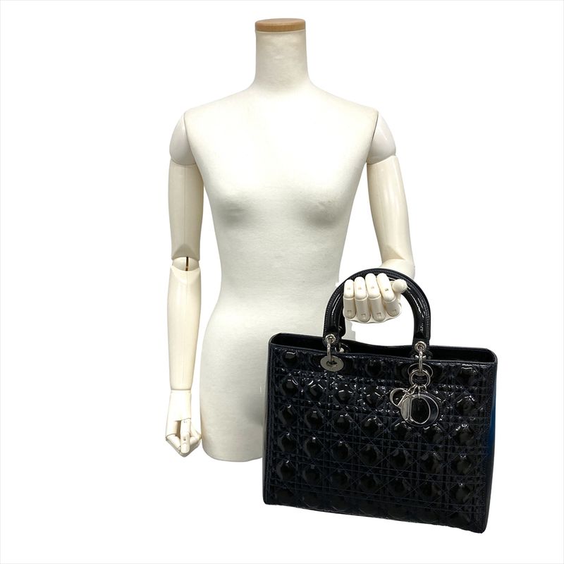 Christian DIOR Lady Dior Canage Handbag Patent Leather Black Silver Hardware