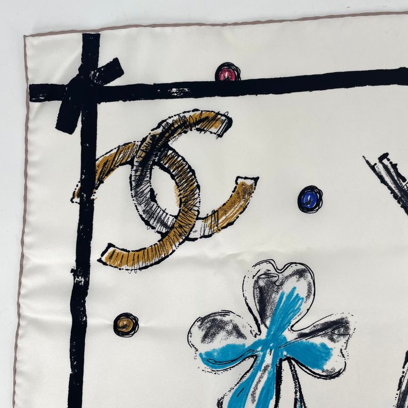 Chanel Icon Motif Scarf Coco Mark Silk White With Box