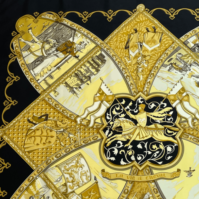 Hermes Scarf Carre 90 La Vie A Cheval Gold And Black
