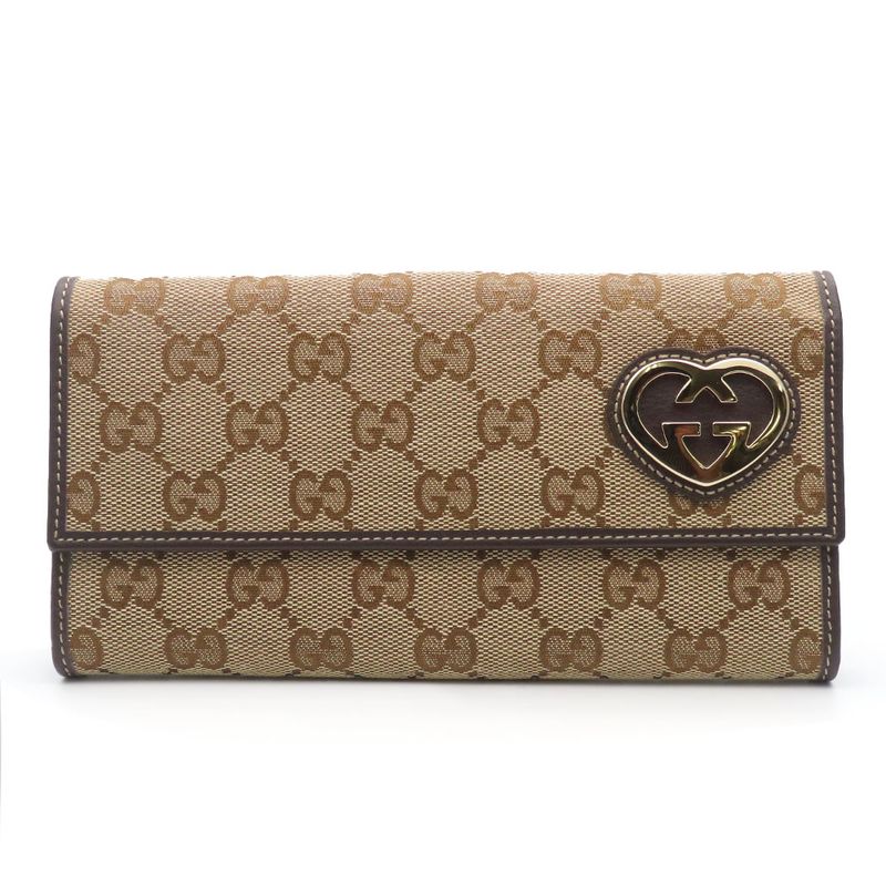 Gucci Long Wallet 245723 GG Canvas Leather Brown Beige Gold Hardware W Hook
