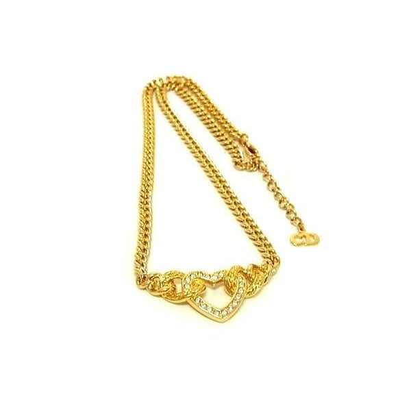 Christian Dior Necklace Rhinestone Heart Gold Metal