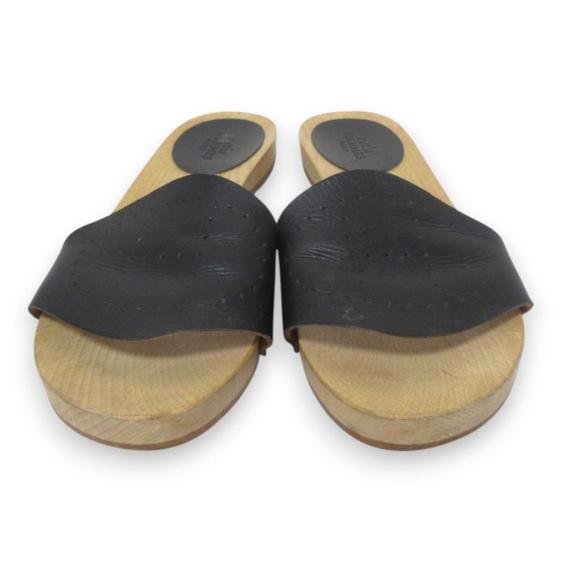 Hermes Evelyn H Logo Leather Wooden Sandals 35 Approx 22cm (8.66in) Black