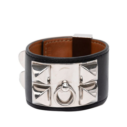 Hermes Collierd Chien Bangle Bracelet Size:s Black Silver Box Calf Metal Women