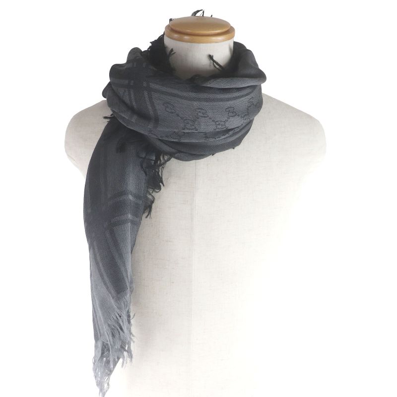 Gucci 544615 Wool Silk GG Logo Diamante Checked Fringe Stole Scarf Shawl Gray