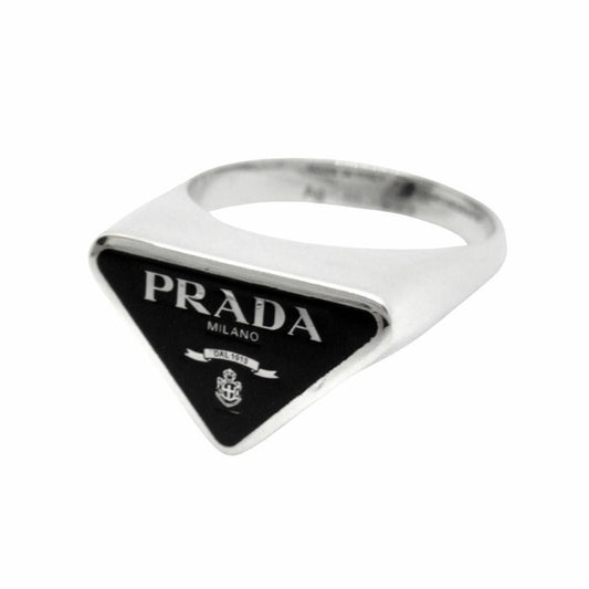 Prada Triangle Logo Symbol Ring Silver Black