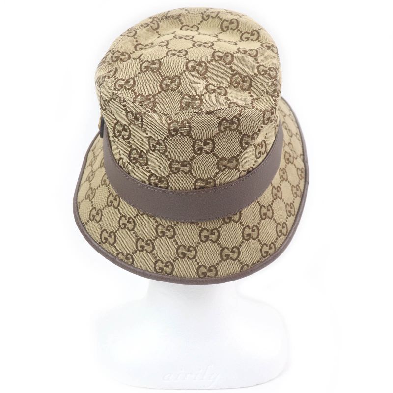 Gucci 576587 GG Canvas Logo Hardware Leather Piping Bucket Hat Beige S/57cm